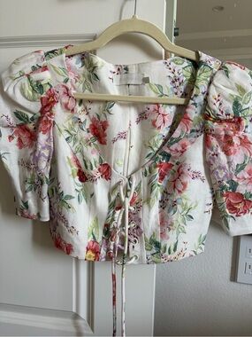 Zimmermann White Floral Lace-Up Puff Sleeve Crop Top